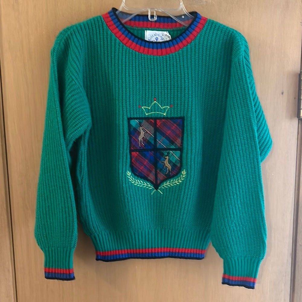 Kitestrings Vintage Kids Boys Sweater Preppy Crest Design Green Size 7